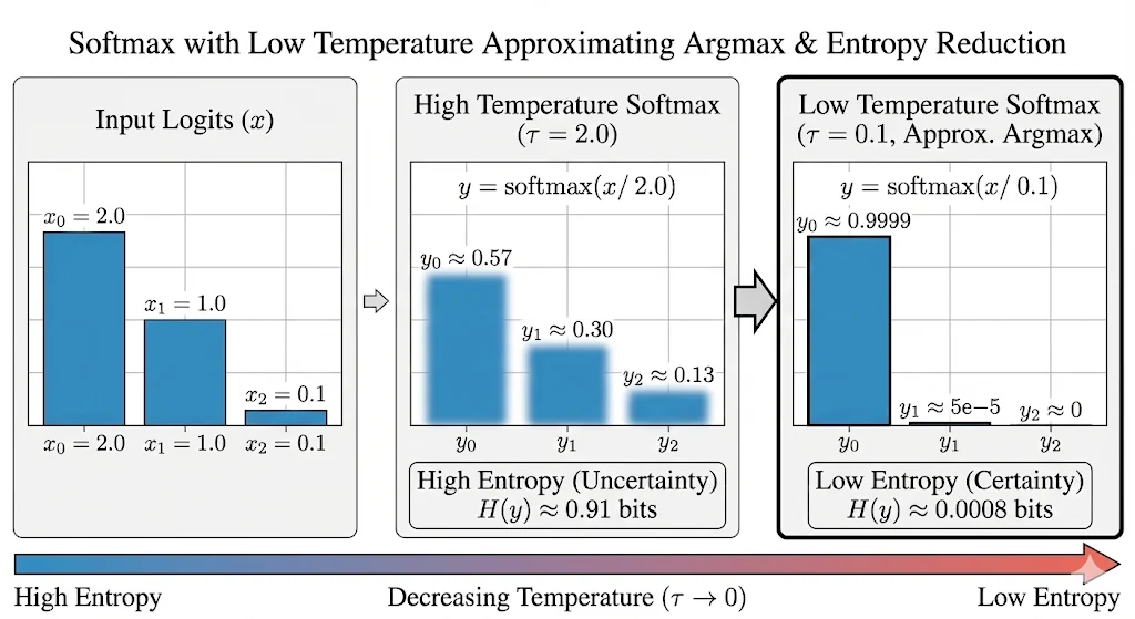 When the temperature is low, softmax pushes the larger values exponentially towards infinity, which results in an approximation of the argmax function