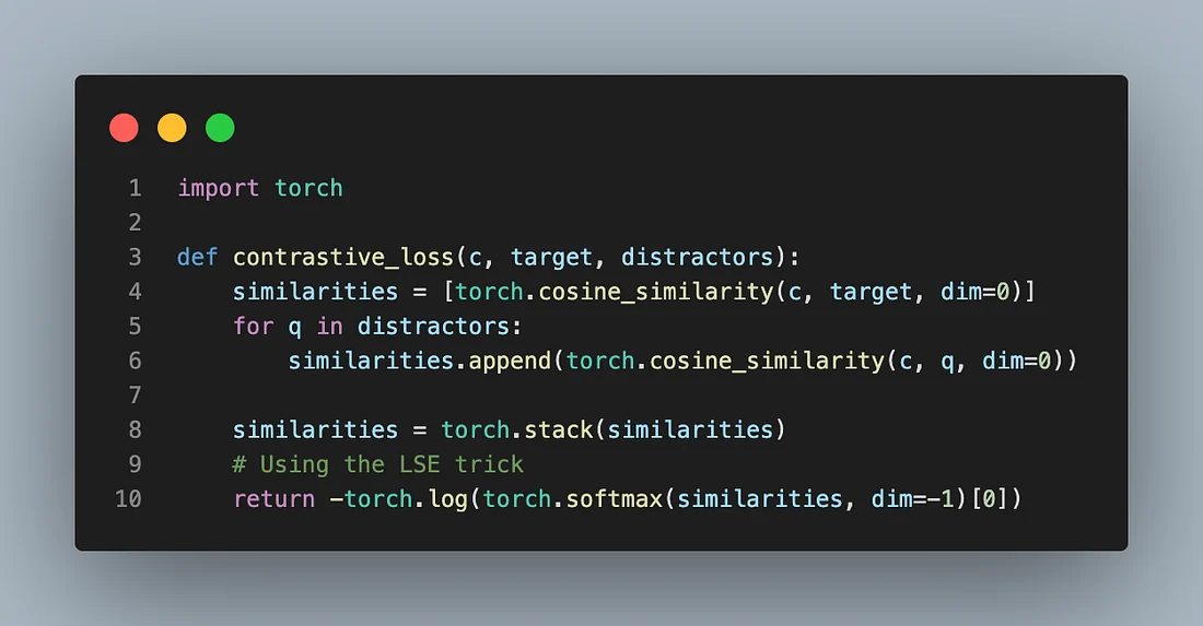 Code for calculating the contrastive loss